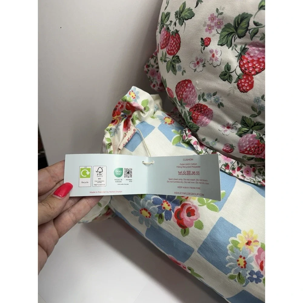 Cath Kidston Of London Pillow Set of 3- Floral Blue Check Rose & Strawberry